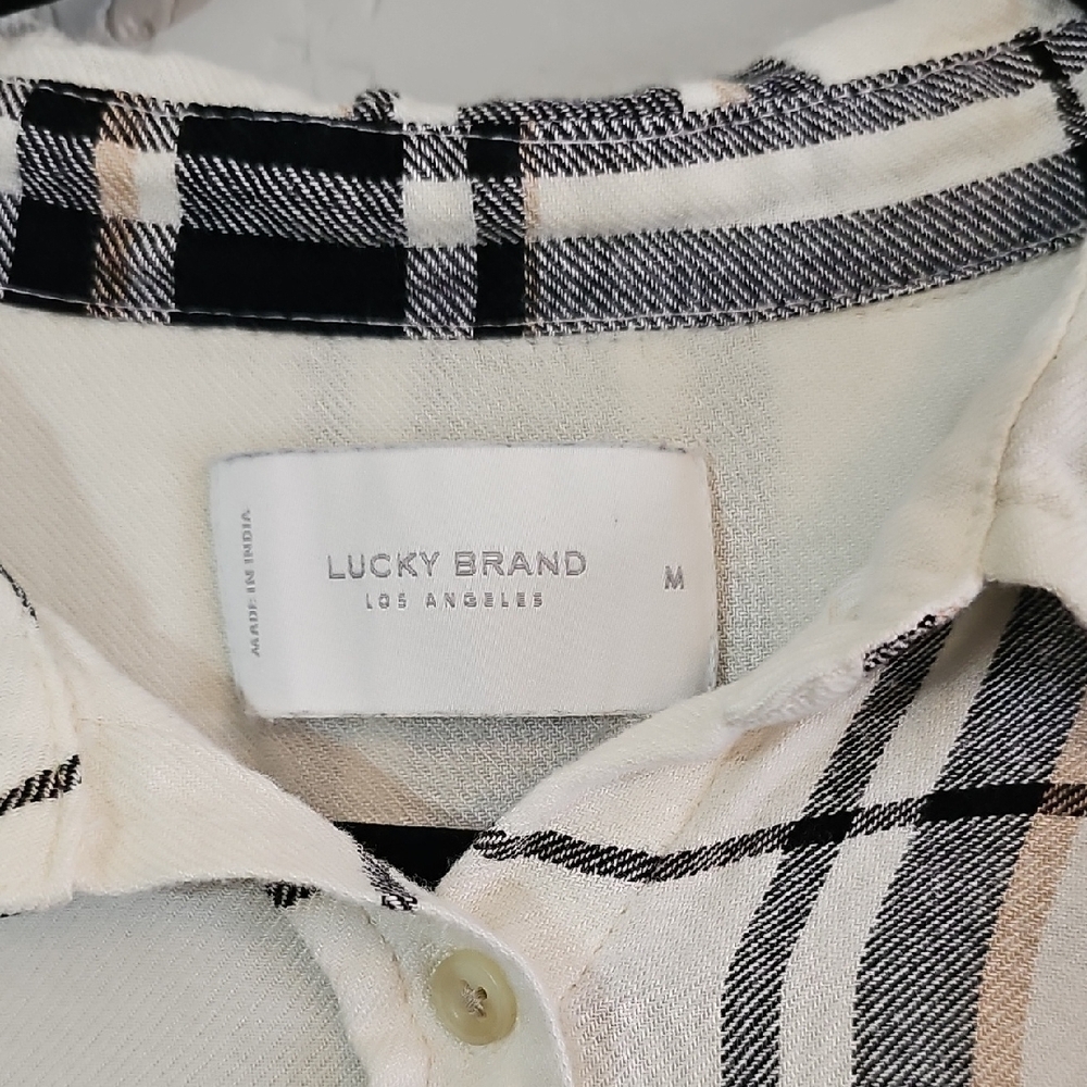 Lucky Brand Cream Black and Tan Plaid Button-Down Shirt, High Low Womens Medium - Picture 2 of 7